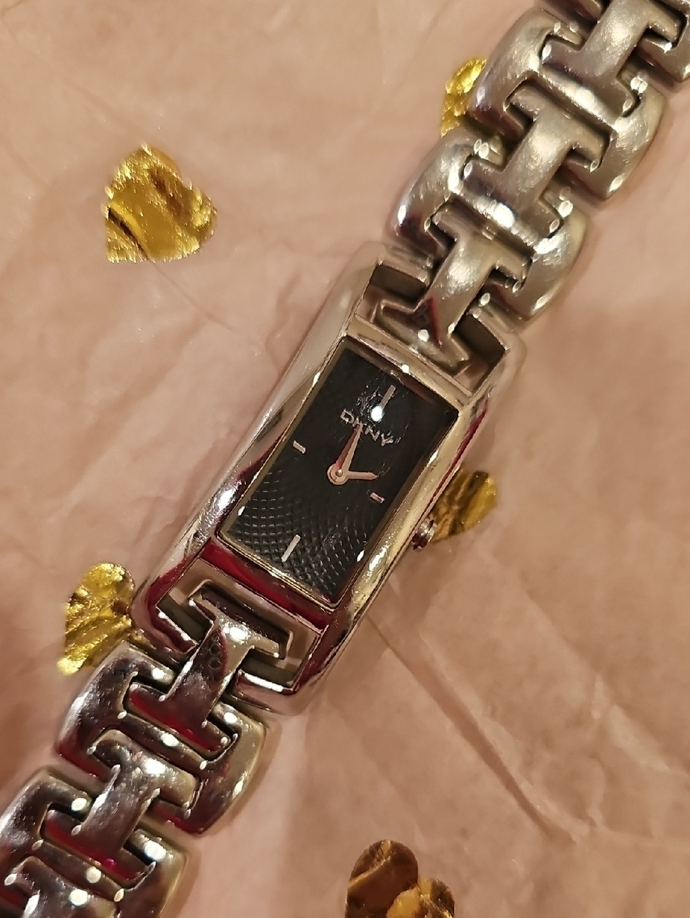 DKNY Silver Bracelet Watch with Black Dial and Rose-Gold Hands